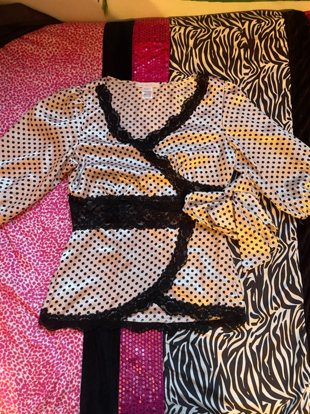 Polka Dot Wrap Blouse with Black Lace Trim charlotte Russe